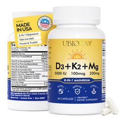 Vevoec UBIOSKA D3K2 Mg8 bottle-front for daily wellness and bone support.