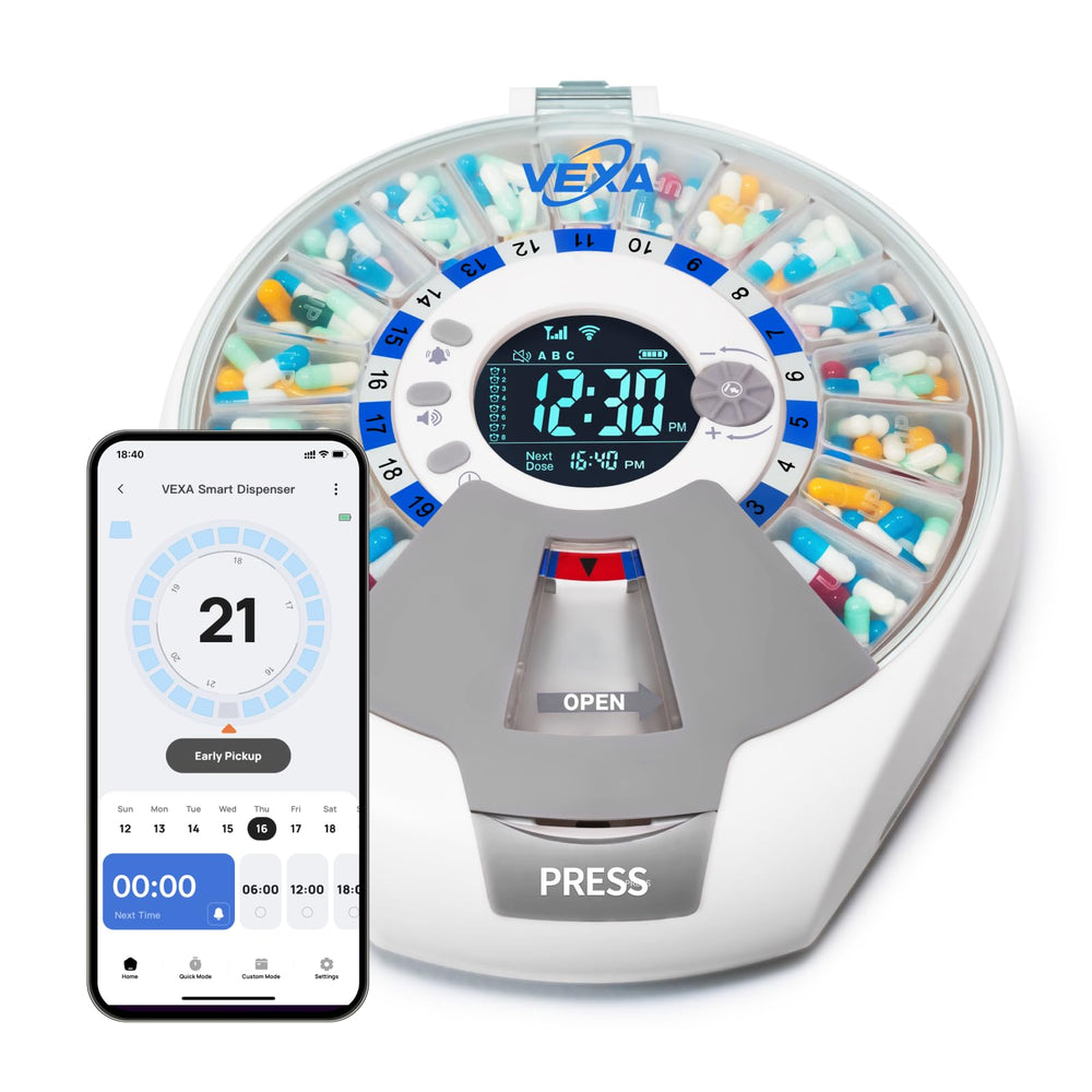 VEXA VitaMate Pro 21 on kitchen counter for easy home medication management.