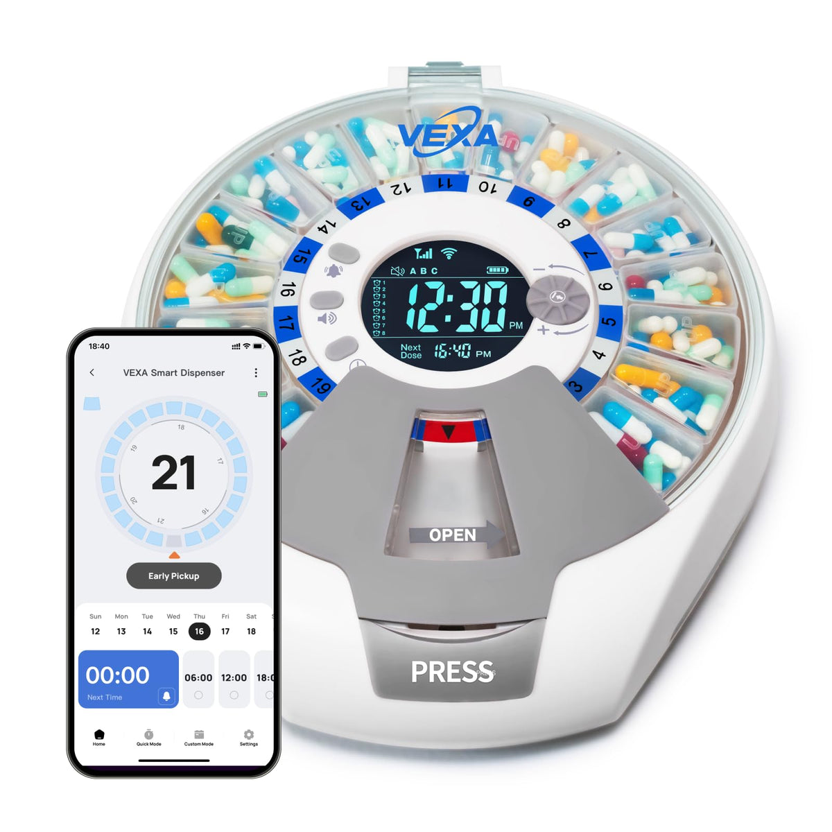 VEXA VitaMate Pro 21 on kitchen counter for easy home medication management.