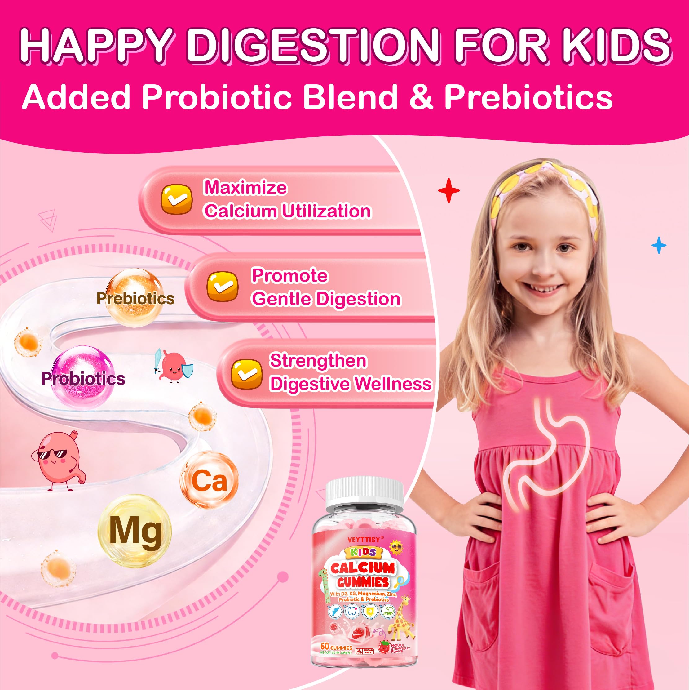 Veyttisy Kids Calcium Gummies label image shows D3, K2, Zinc for balanced nutrition