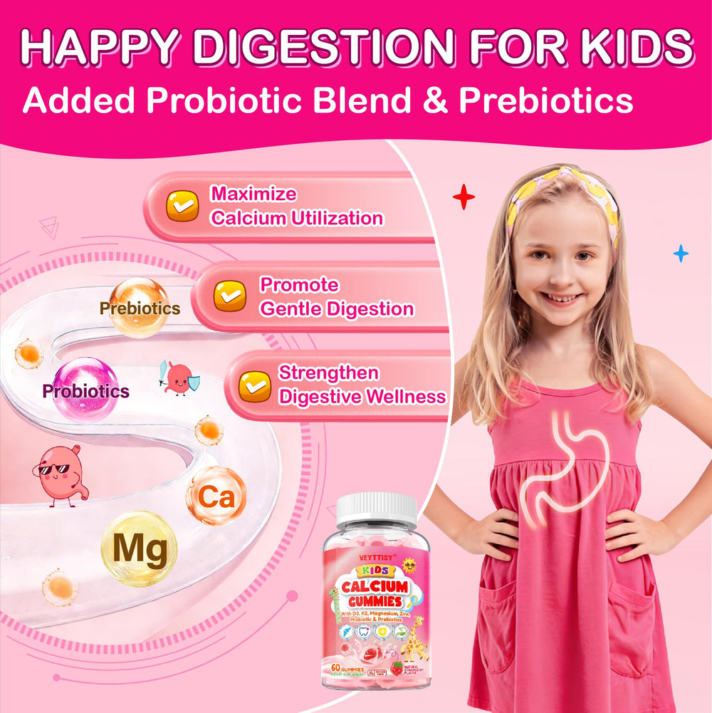 Veyttisy Kids Calcium Gummies label image shows D3, K2, Zinc for balanced nutrition