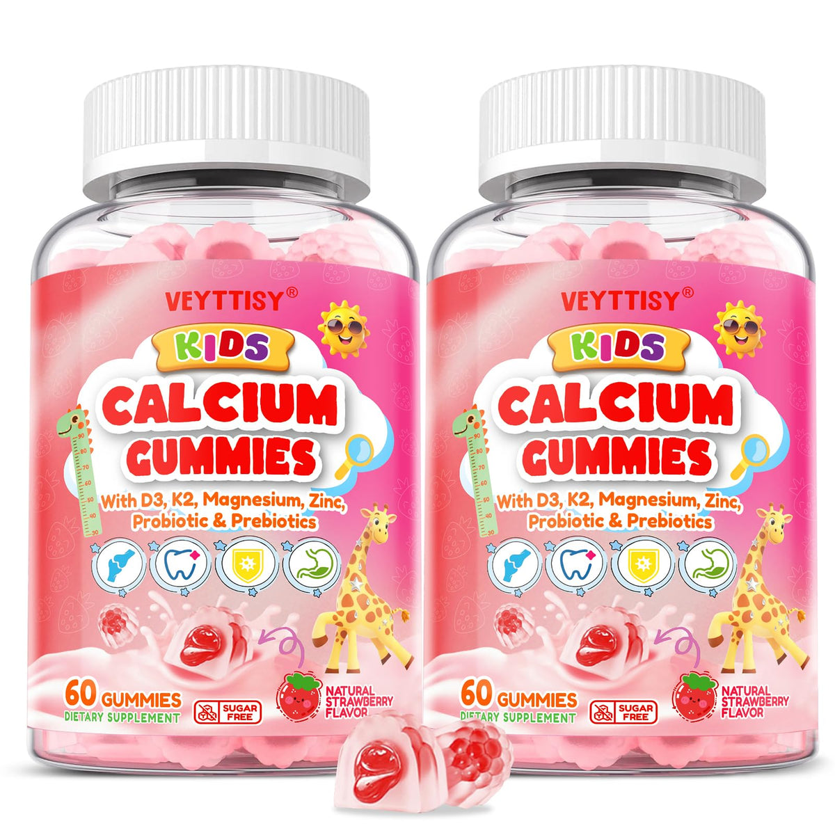 Veyttisy Kids Calcium Gummies strawberry bottle supports growing bones with vitamin D3 and magnesium