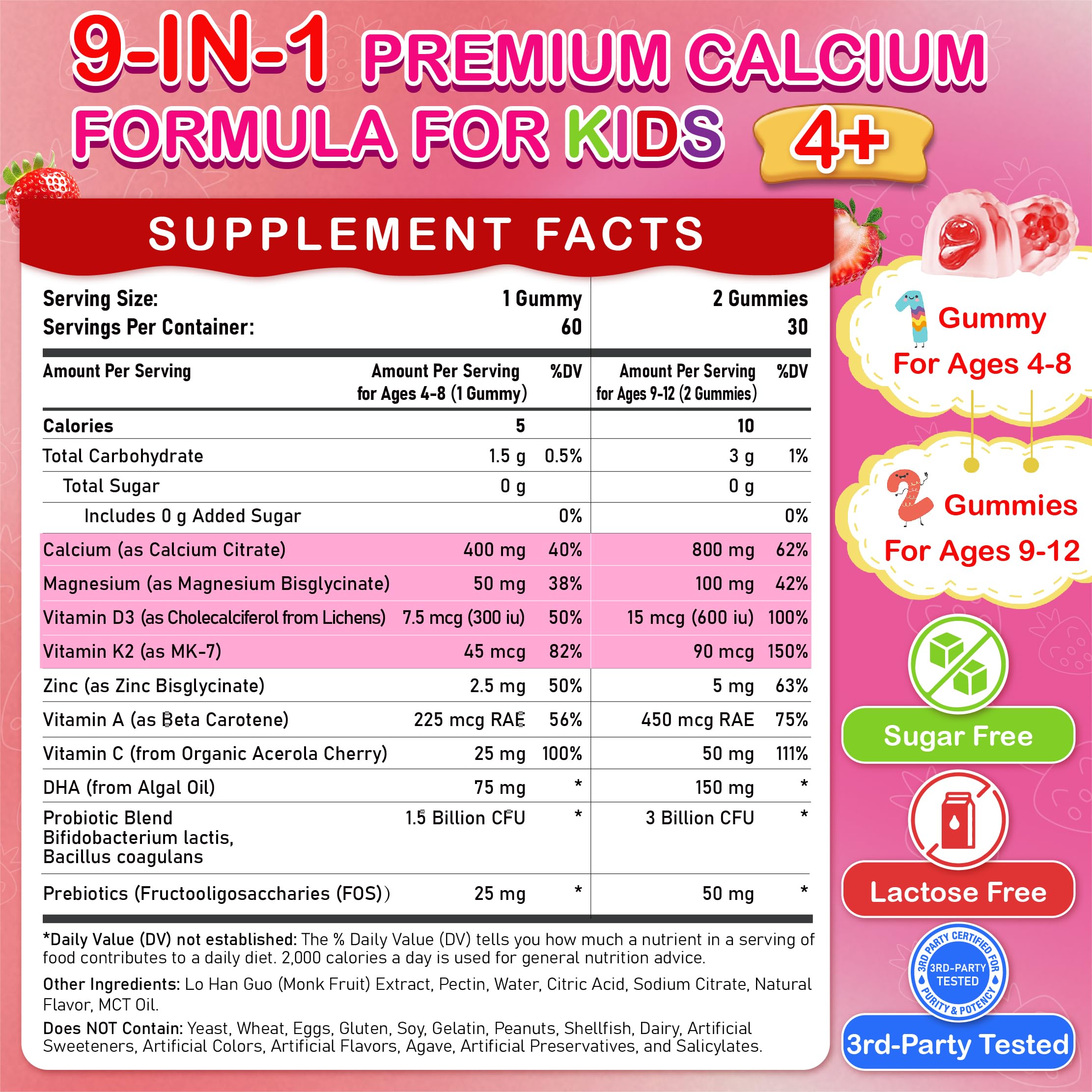 Veyttisy Kids Calcium Gummies closeup shows strawberry gummies and sugar-free formula