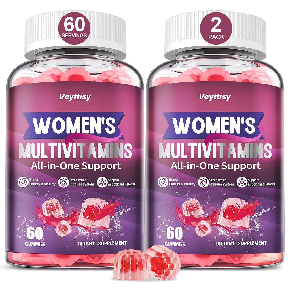Veyttisy bottle of methylated multivitamin gummies showing energy support for busy days.