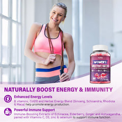 Ingredient list graphic reveals a 30-plus nutrient blend for her health.