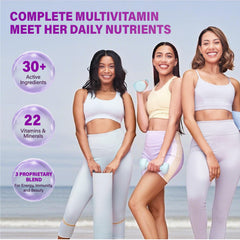 Gummy bottle label highlighting vitamins and beauty support for women.