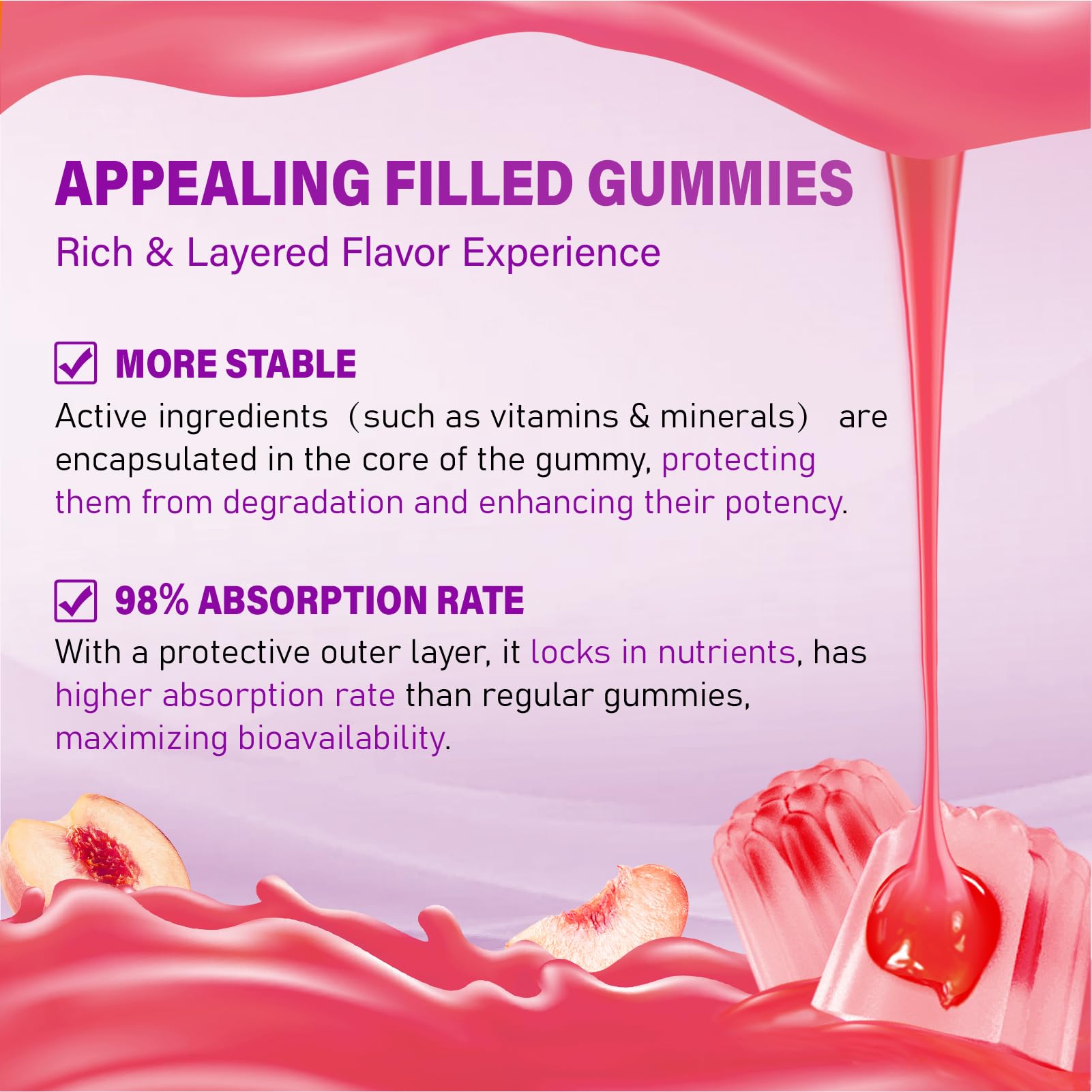 Peach-flavored Veyttisy gummies presented as a refreshing daily ritual.