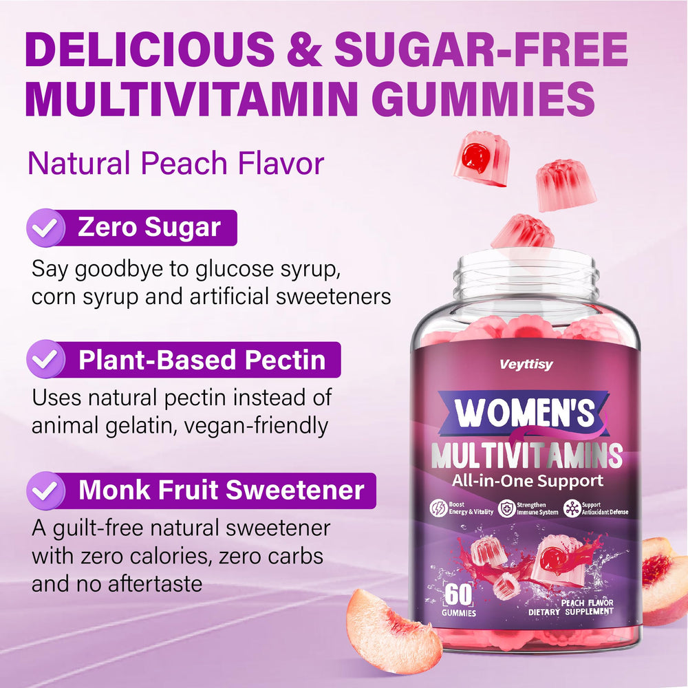 Vegan pectin texture and monk fruit sweetness highlighted in the gummies.