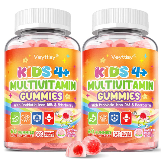 Veyttisy sugar-free peach gummy bottle offers a tasty daily nutrition option.