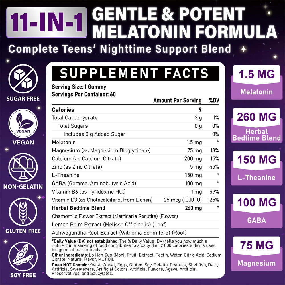 Veyttisy bottle close-up highlighting precise 1.5 mg melatonin for teen Zzz timing.
