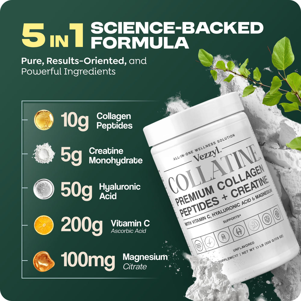 Vezzyl Collatine front label highlights collagen, creatine, and vitamin C synergy.