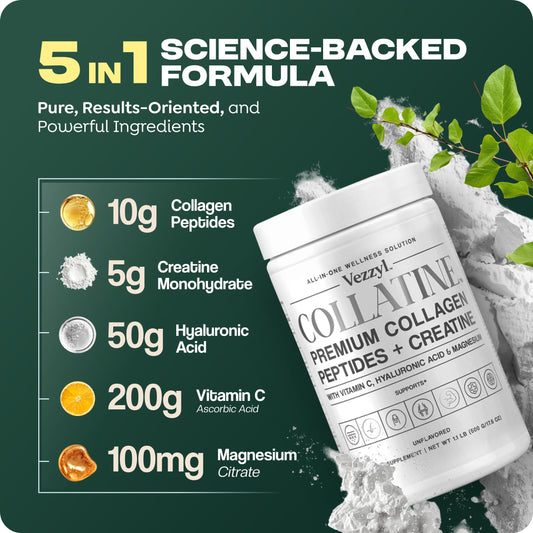 Vezzyl Collatine front label highlights collagen, creatine, and vitamin C synergy.
