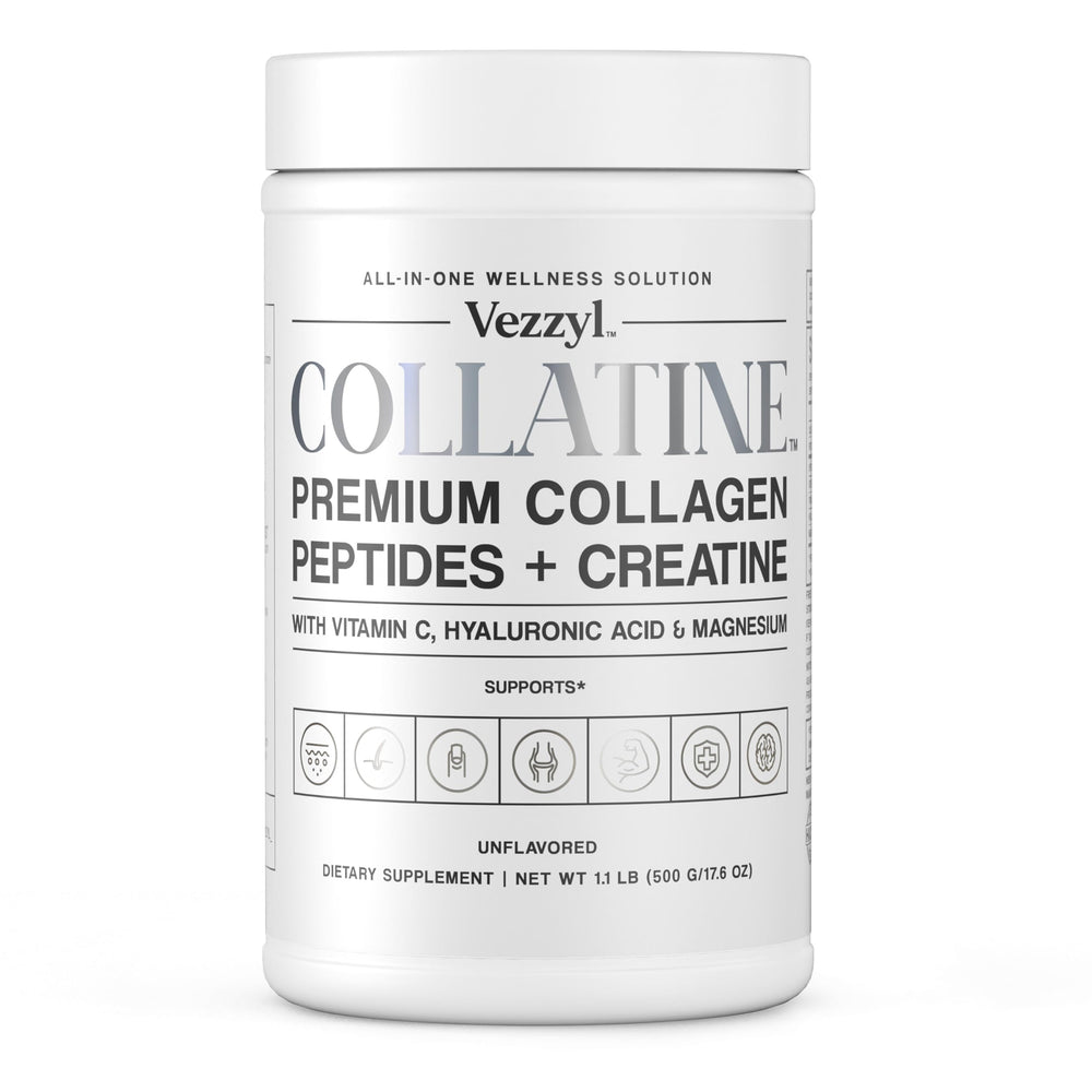 Vezzyl Collatine bottle pour demonstrates easy daily dose for skin and joints.