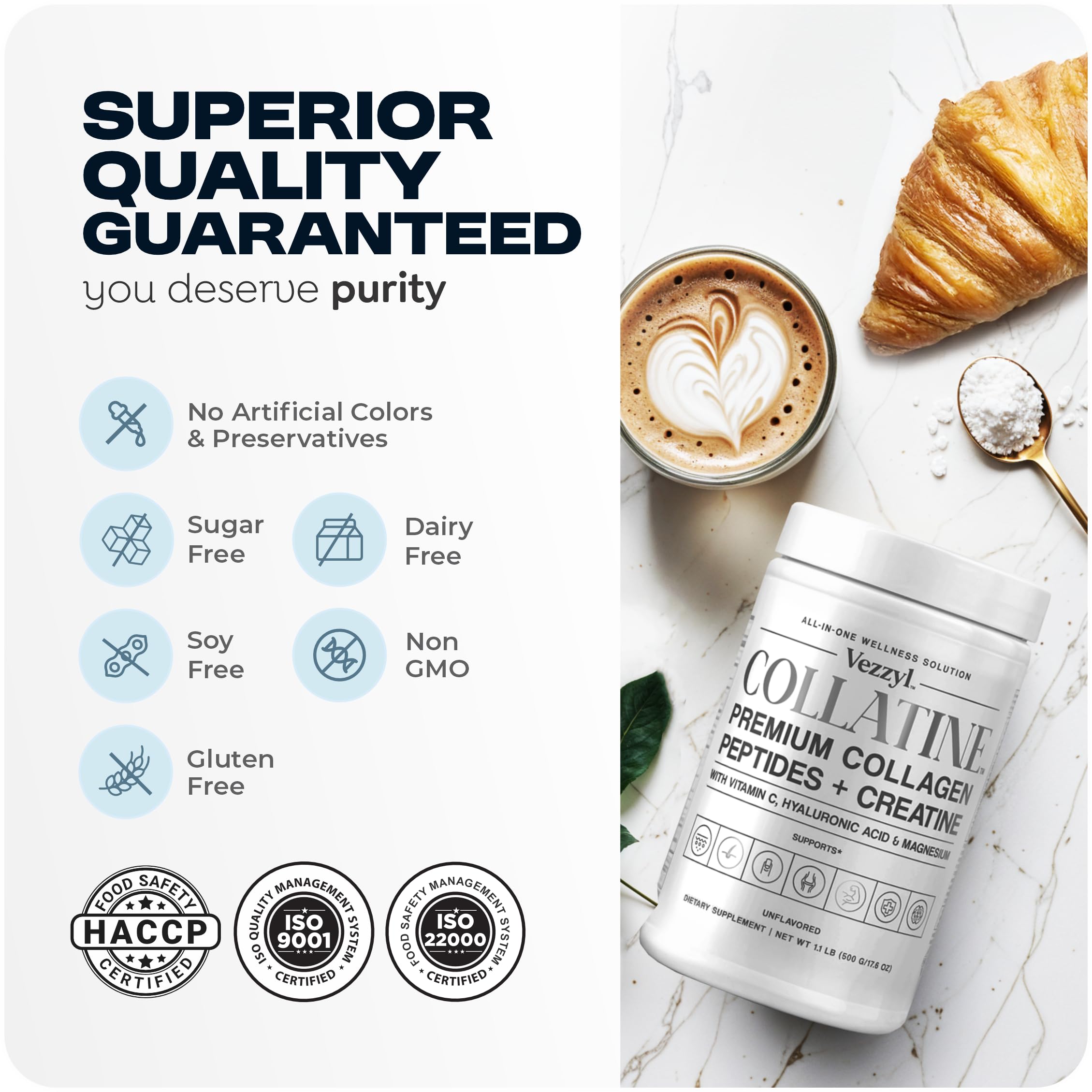 Vezzyl Collatine ingredients chart emphasizes collagen and magnesium for wellness.