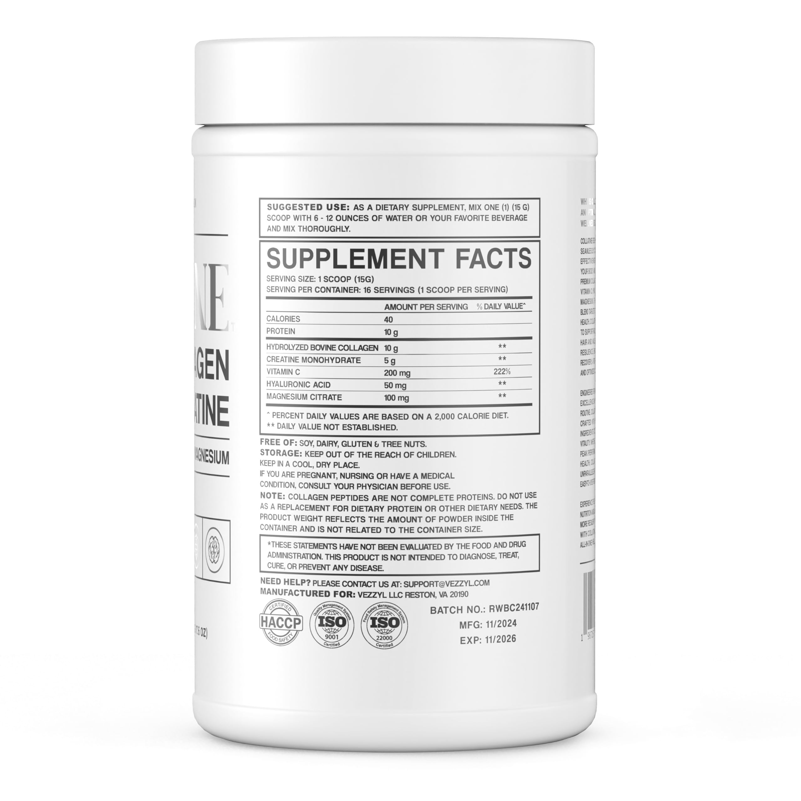 Vezzyl Collatine label detail shows ingredients like hyaluronic acid for hydration.