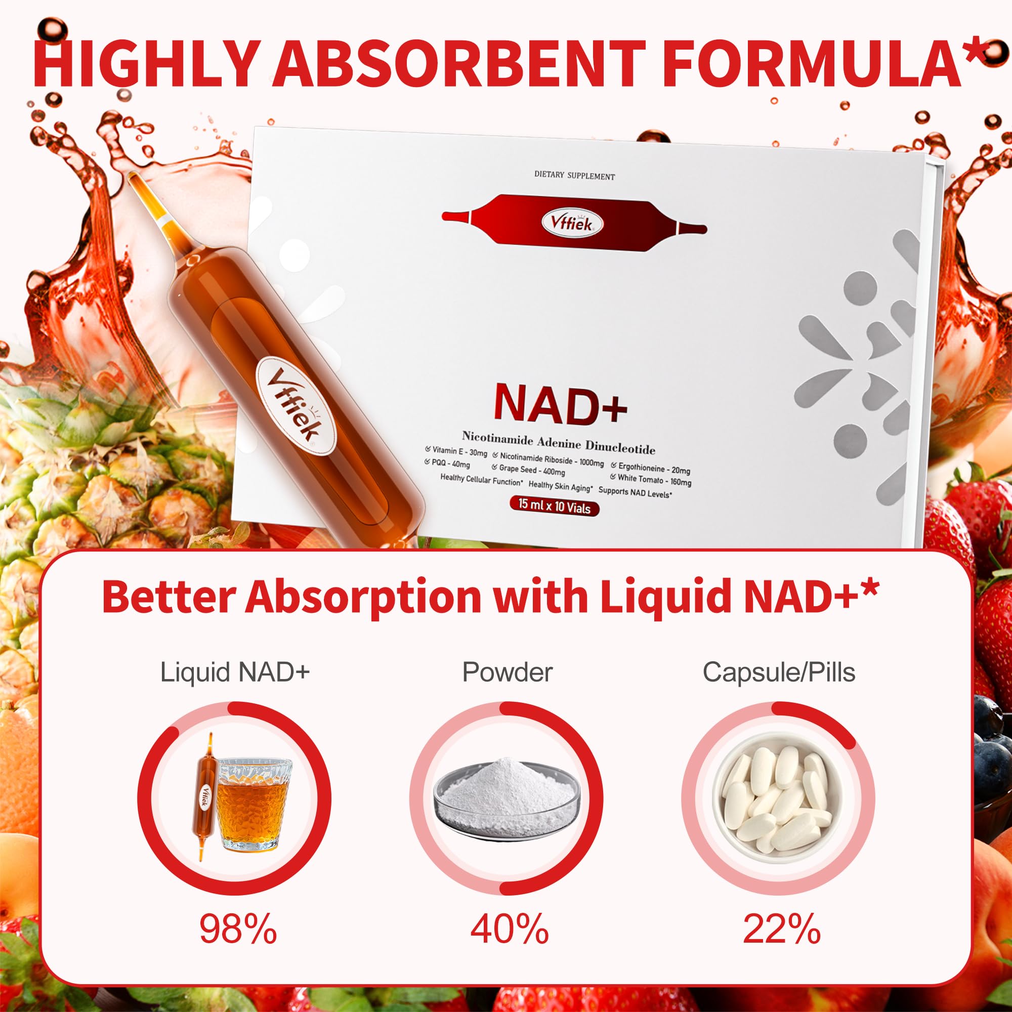 Vffiek NAD+ liquid dropper tips show precise administration for convenient use.