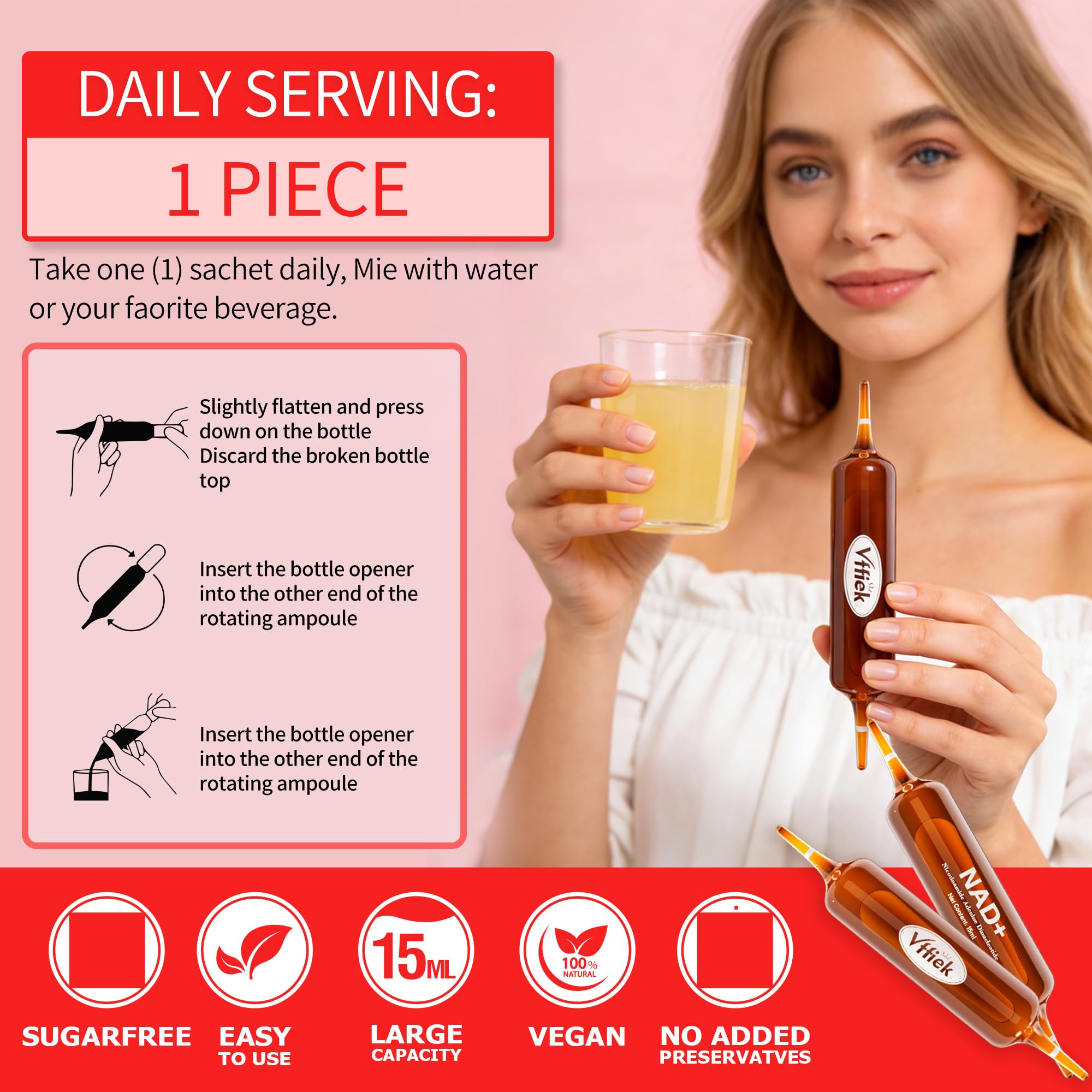 Vffiek NAD+ liquid resveratrol feature highlights antioxidant synergy for cellular wellbeing.