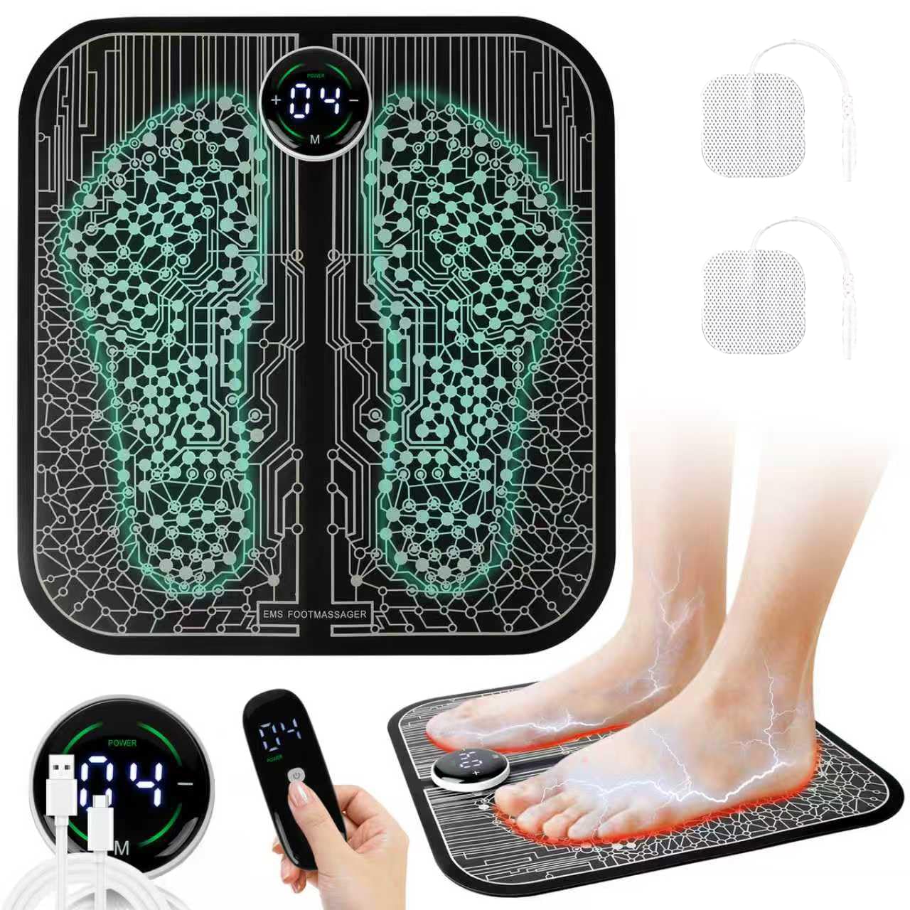 VFU foot-stimulator in use providing temporary leg comfort and circulation.