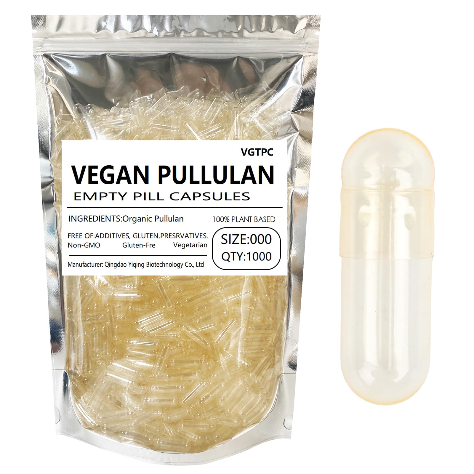 VGTPC Size 000 pullulan capsules in clear packaging, ideal for dry powders.