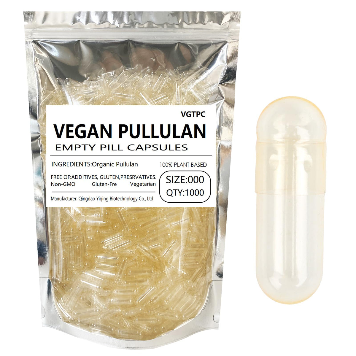 VGTPC Size 000 pullulan capsules in clear packaging, ideal for dry powders.