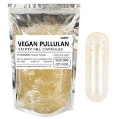 VGTPC Size 000 pullulan capsules in clear packaging, ideal for dry powders.