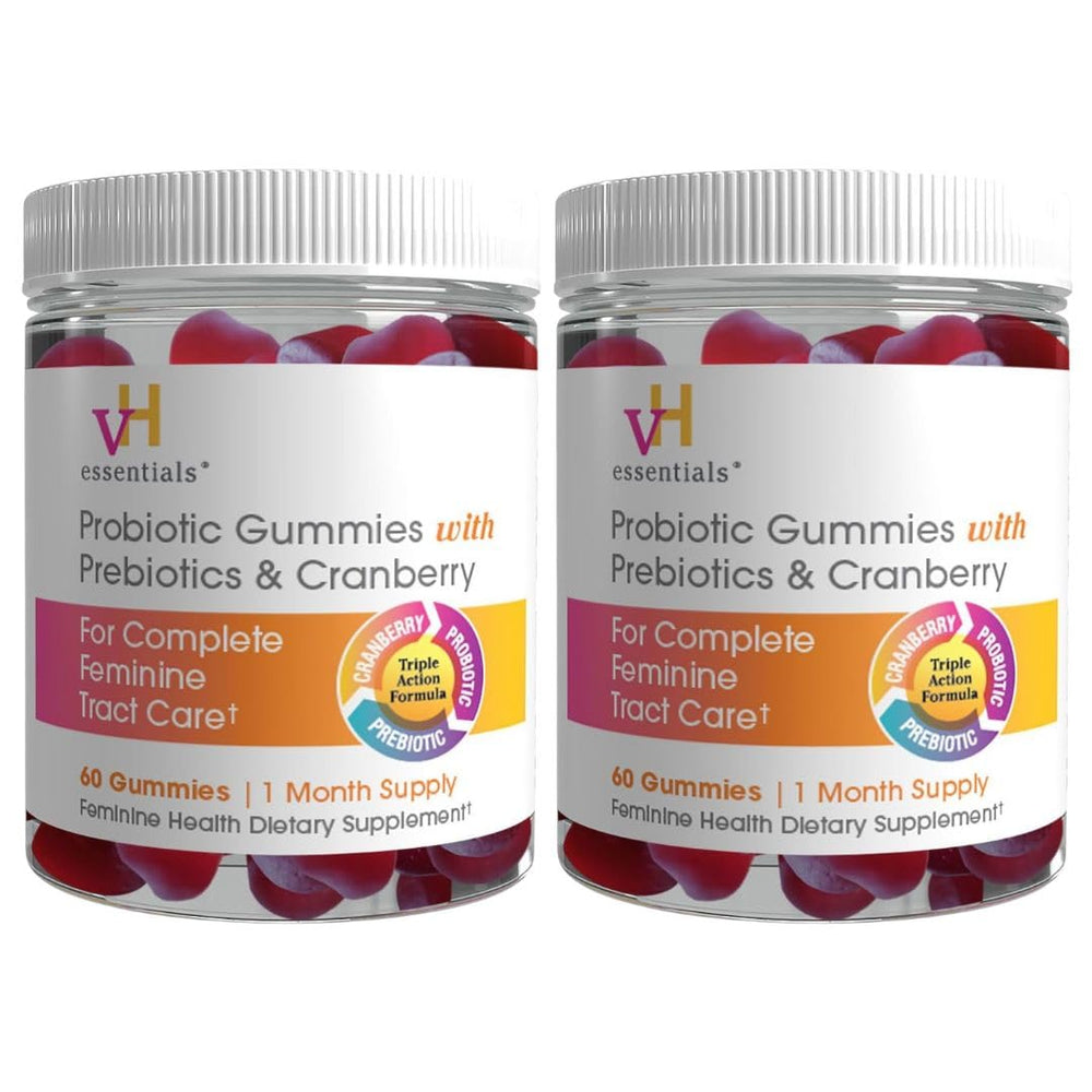 vH essentials Probiotic Gummies with Cranberry bottle front, two-bottle pack for daily feminine health.