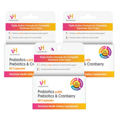 vH essentials Probiotics for Women bottle front highlighting a triple-action formula for vaginal, urinary, and gut health