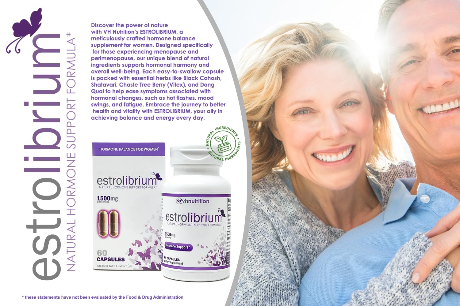 ESTROLIBRIUM bottle-back shows herbal blend for gentle hormonal balance.