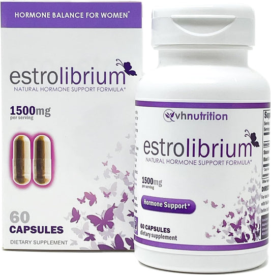 VH Nutrition ESTROLIBRIUM bottle-front promotes balanced energy with natural herbs.