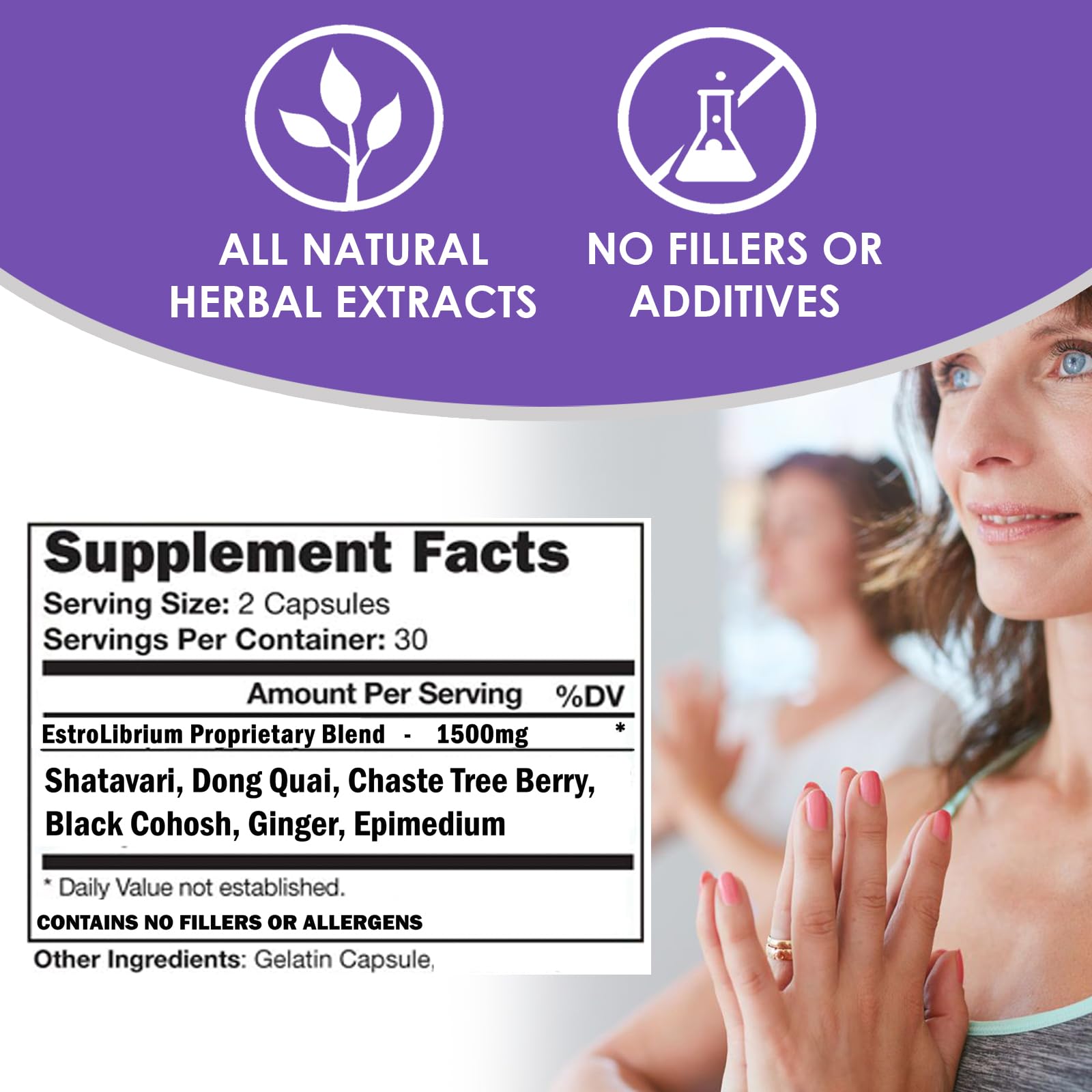 ESTROLIBRIUM ingredient label highlights Black Cohosh, Shatavari, Vitex, and Dong Quai.