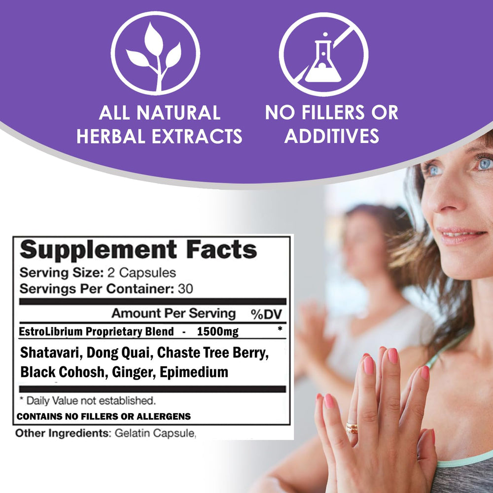 ESTROLIBRIUM ingredient label highlights Black Cohosh, Shatavari, Vitex, and Dong Quai.