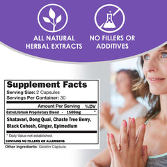 ESTROLIBRIUM ingredient label highlights Black Cohosh, Shatavari, Vitex, and Dong Quai.