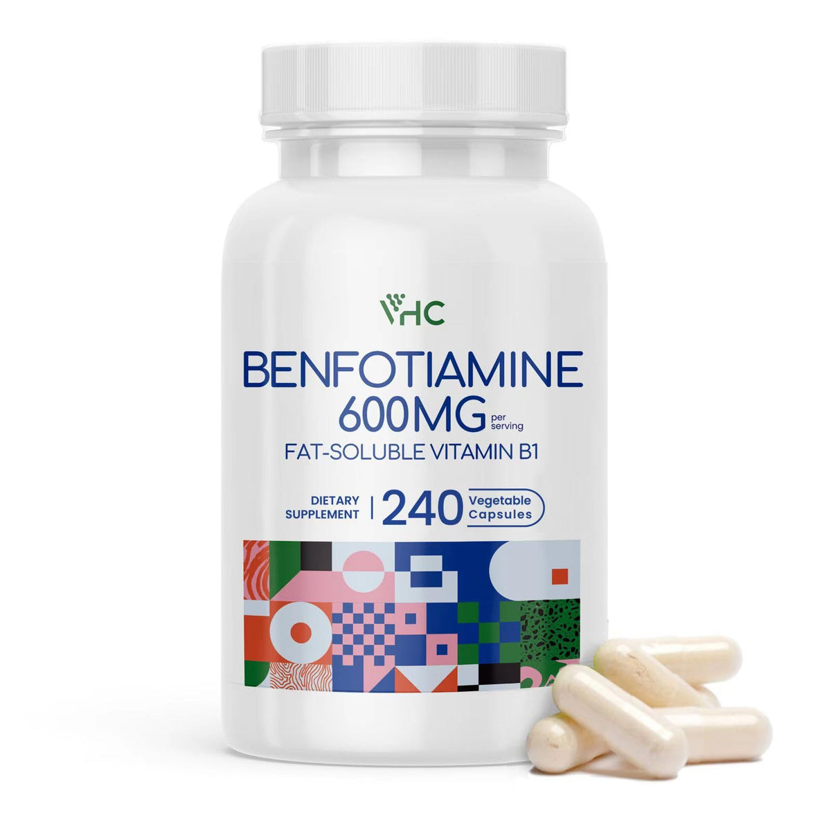VHC Benfotiamine 600mg capsules in bottle for daily energy support.