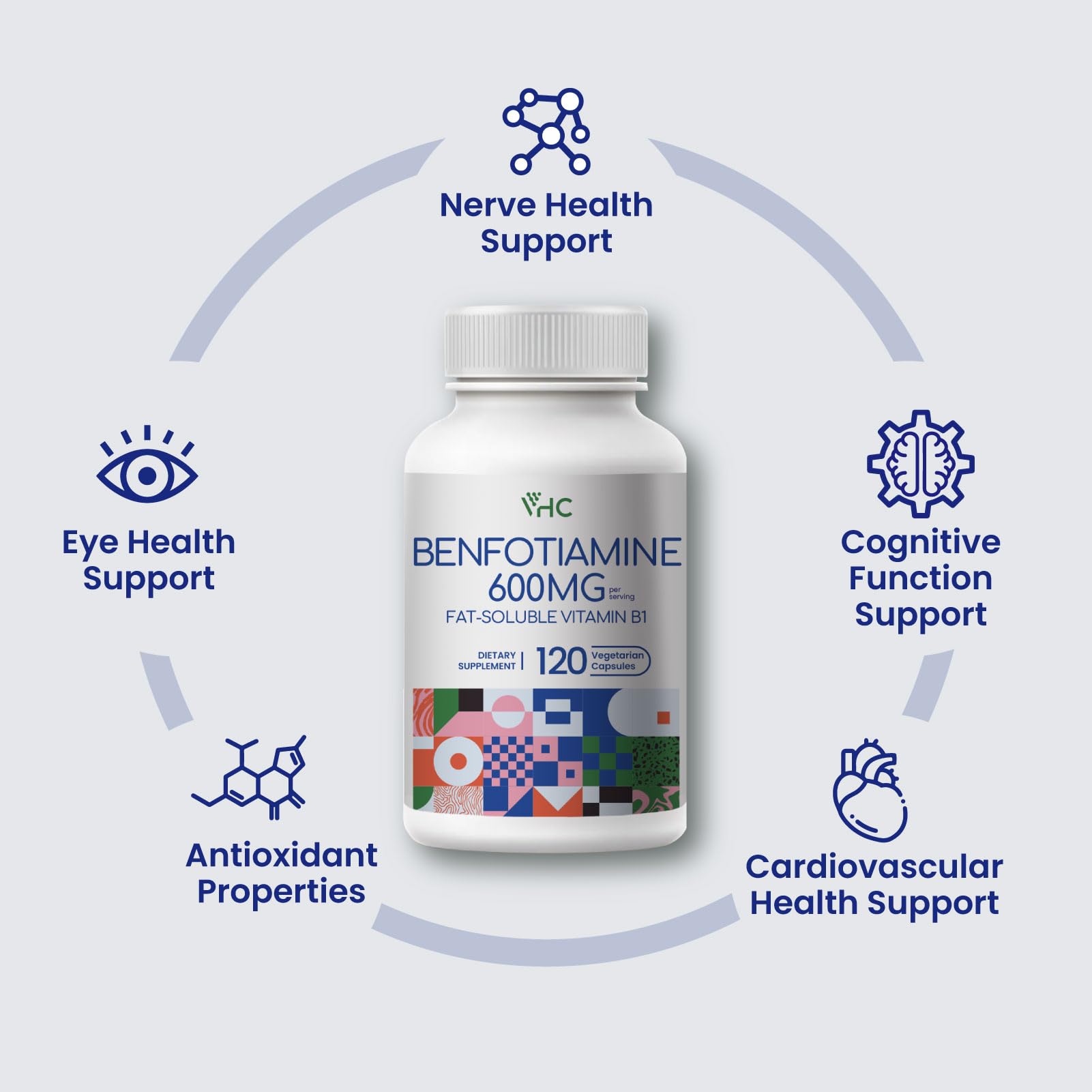 VHC Benfotiamine bottle showcases USA-made production quality.