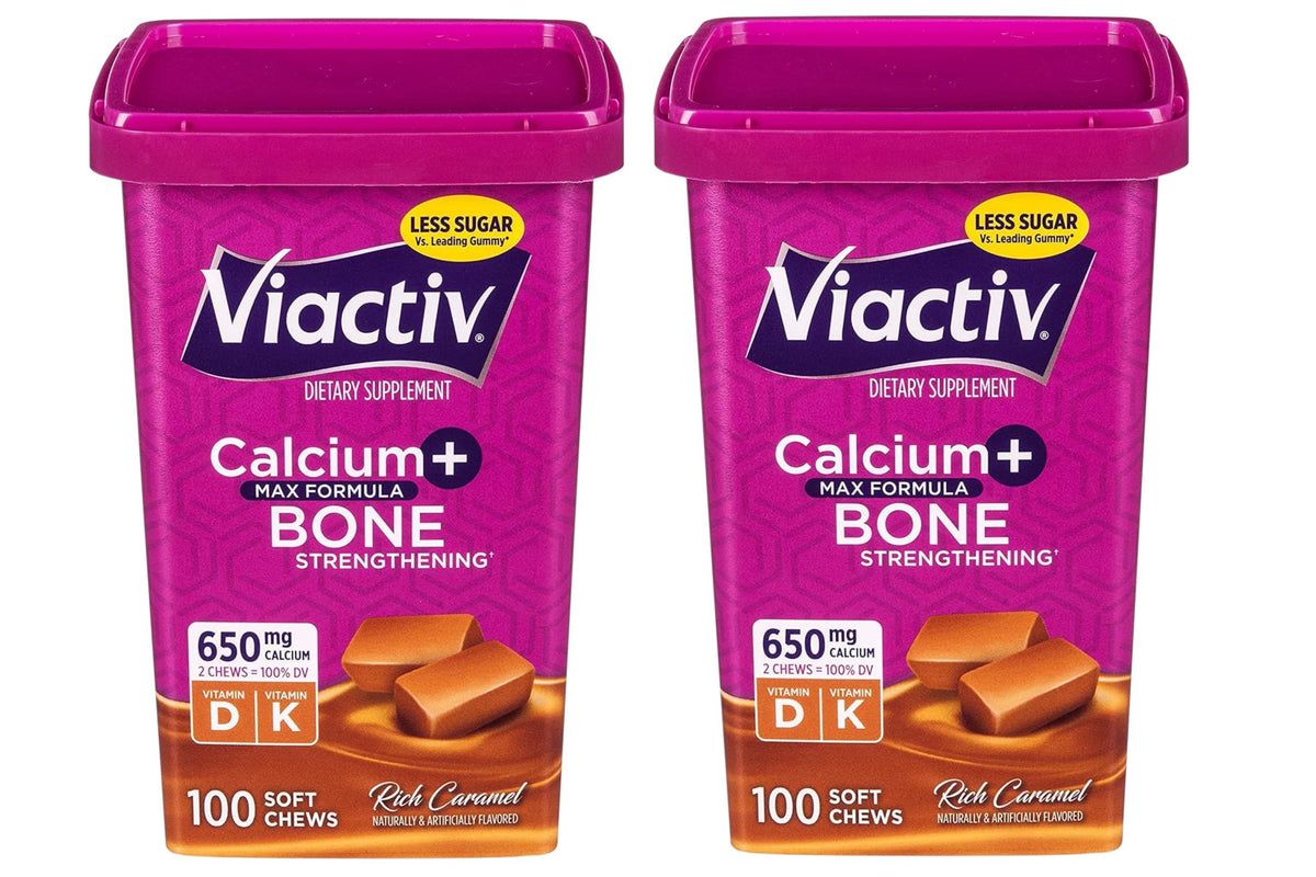 Viactiv Max bottle with soft caramel chews for daily bone support