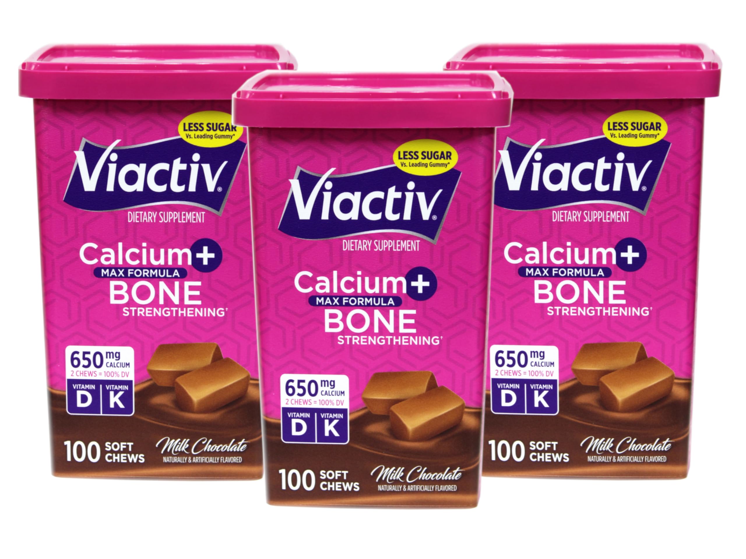 Viactiv Max Formula calcium soft chews bottle close-up for daily bone support.