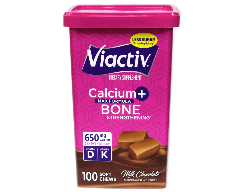 Viactiv Max calcium soft chews milk chocolate packaging front showing 3-pack value.