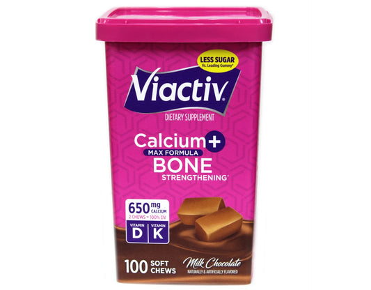 Viactiv Max calcium soft chews milk chocolate packaging front showing 3-pack value.