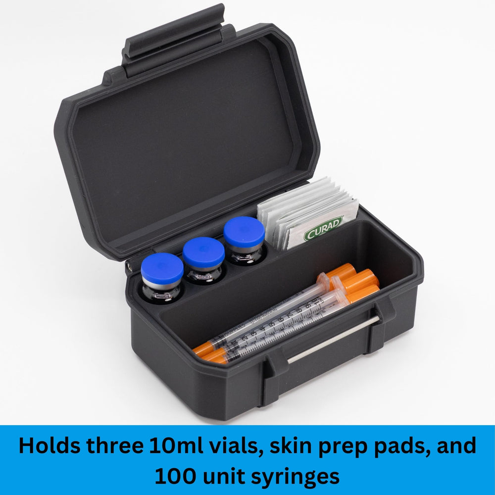 10ml Vial Case interior layout with three vials and syringe storage.