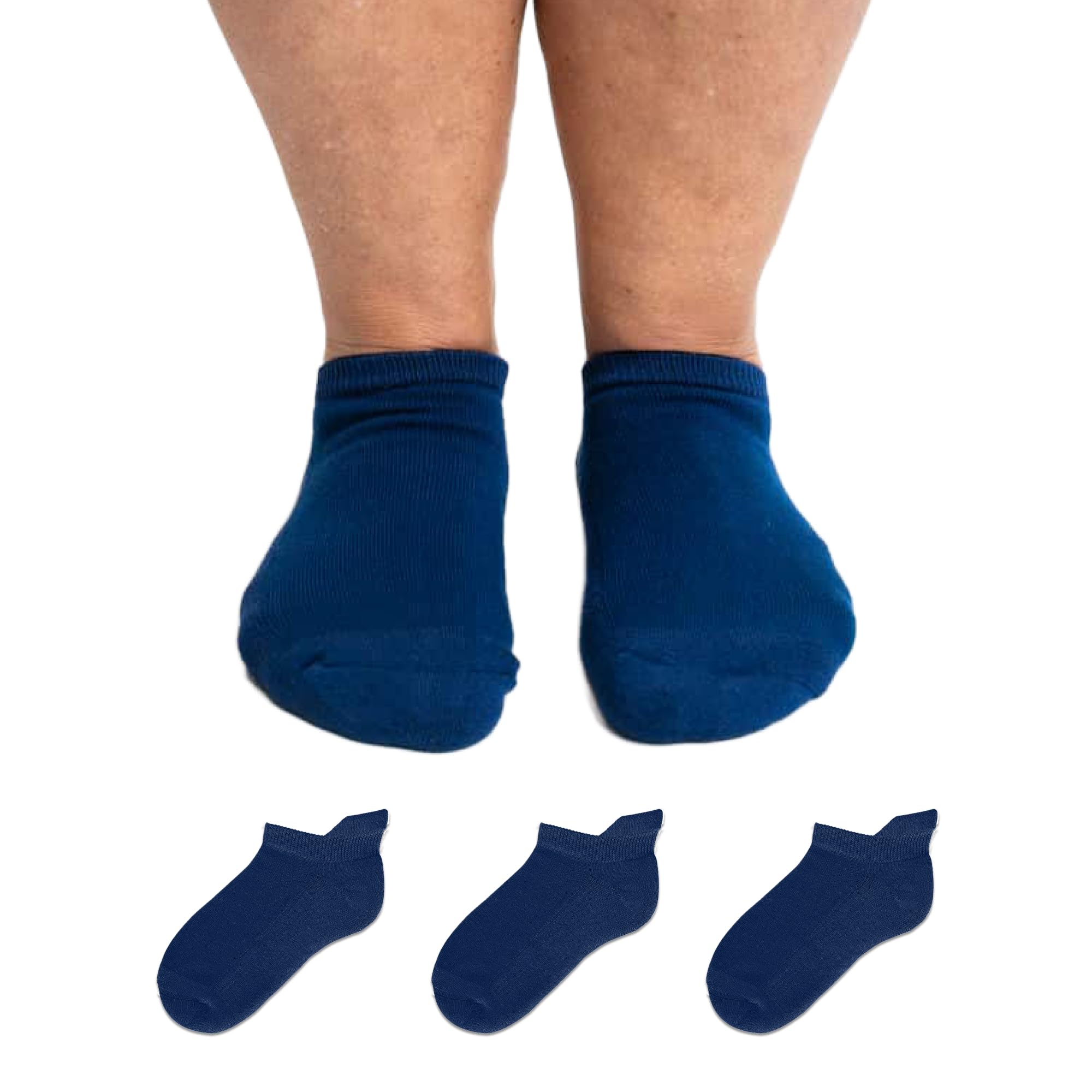 Viasox diabetic ankle socks in navy offer a seamless, irritation-free low-cut fit.