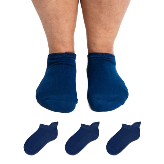 Viasox diabetic ankle socks in navy offer a seamless, irritation-free low-cut fit.