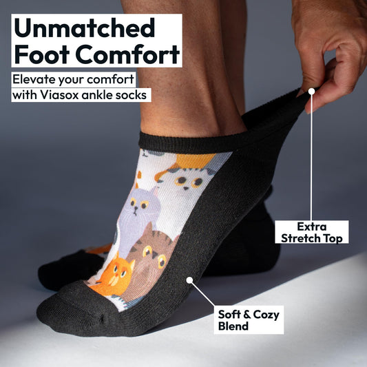 Viasox diabetic socks showcasing ankle stretch to ease pressure and swelling