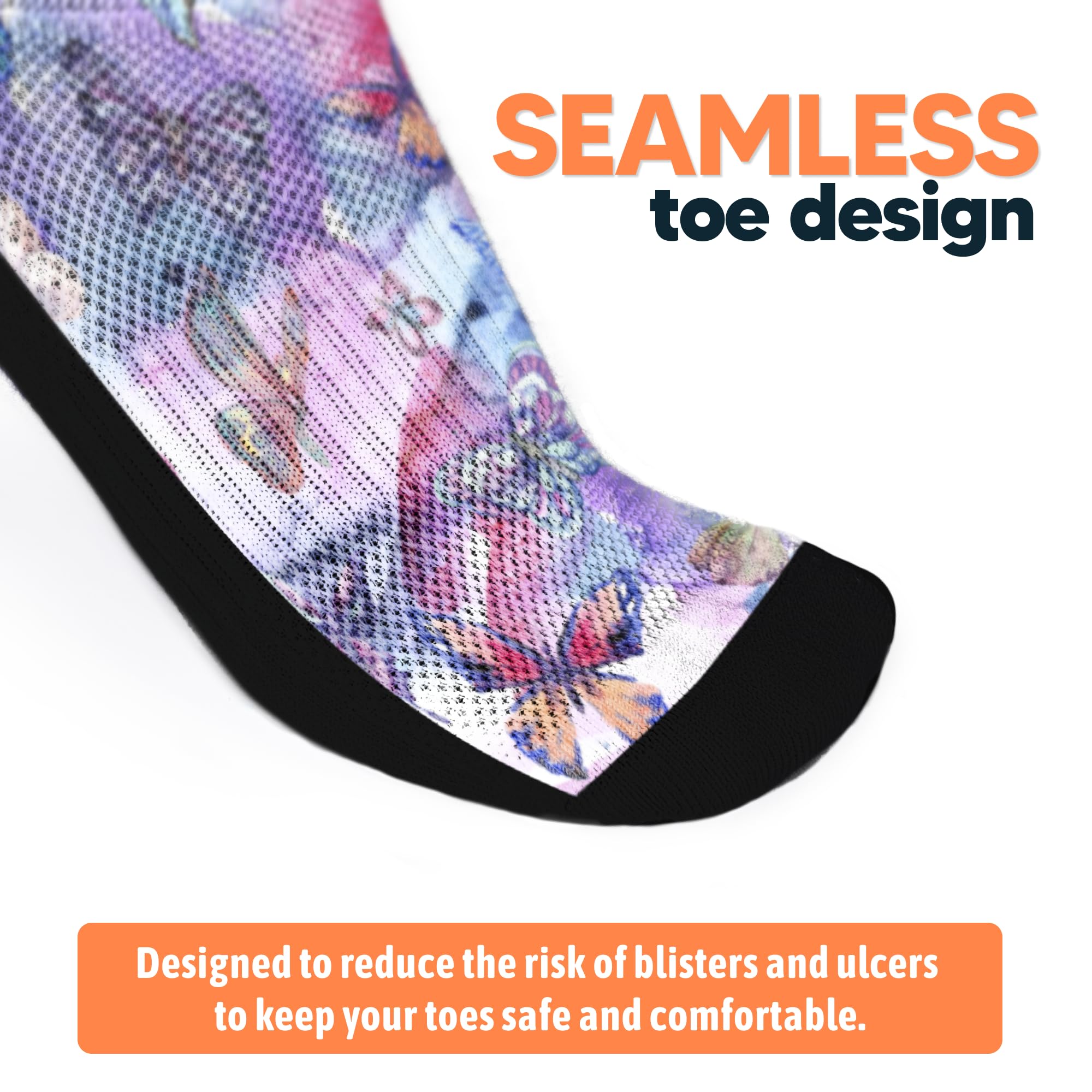 Viasox seamless toe design minimizes rubbing for sensitive feet and neuropathy-friendly use