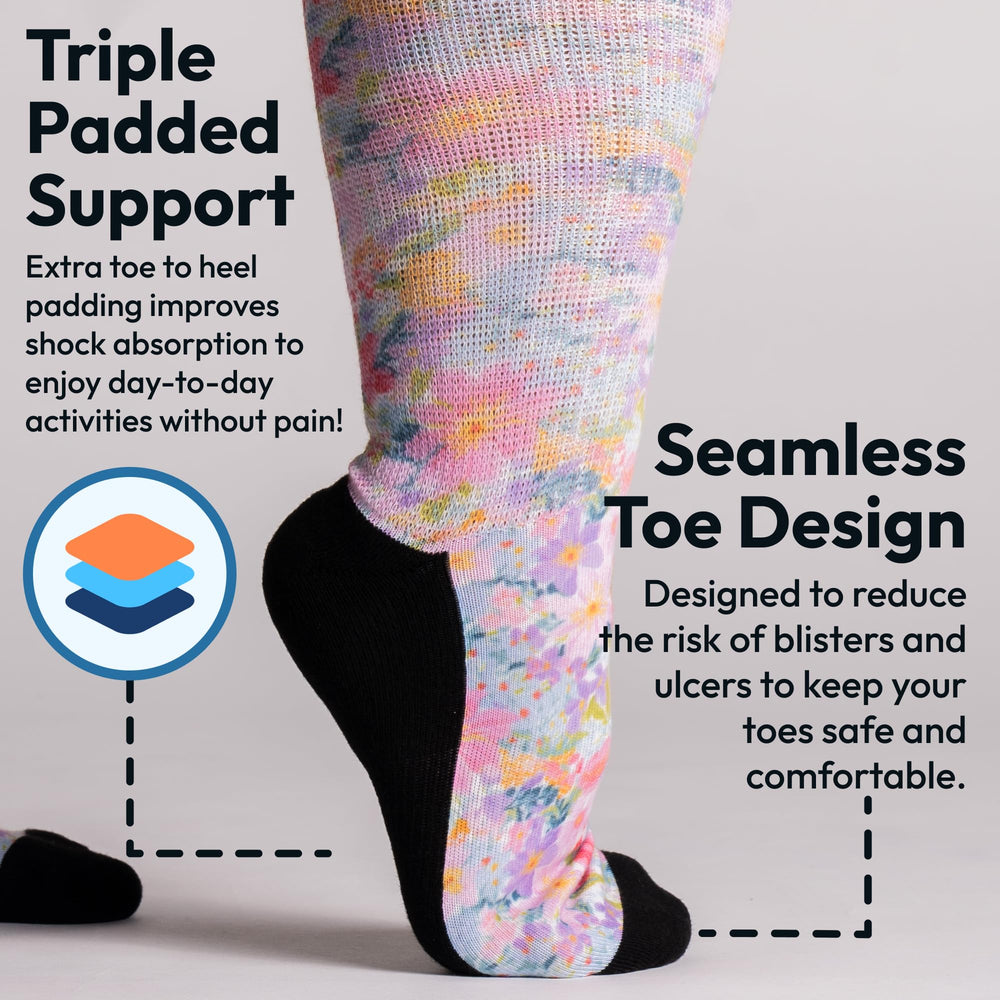 Viasox EasyStretch bloom pack demonstrates loose fit for swollen legs.