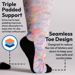 Viasox EasyStretch bloom pack demonstrates loose fit for swollen legs.