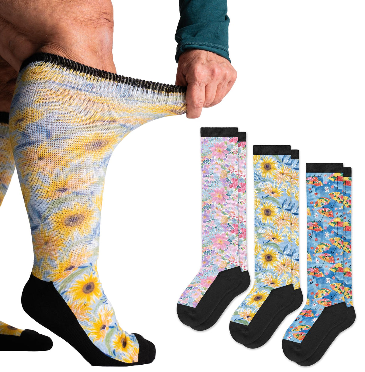 Viasox EasyStretch diabetic socks bloom pack top view highlighting stretch and comfort.