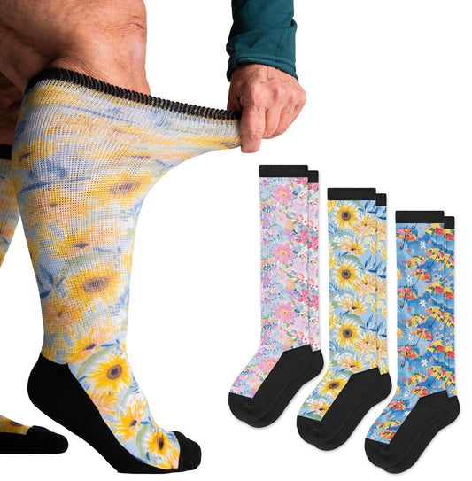 Viasox EasyStretch diabetic socks bloom pack top view highlighting stretch and comfort.