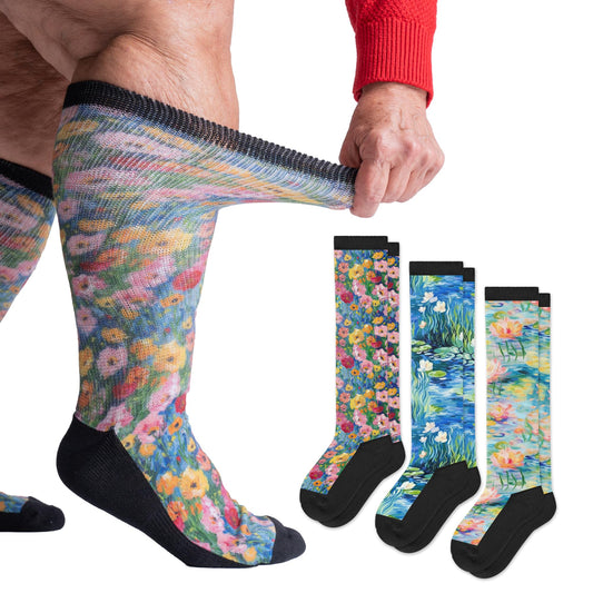 Viasox EasyStretch diabetic socks with brush-stroke pattern; loose fit for swollen legs.