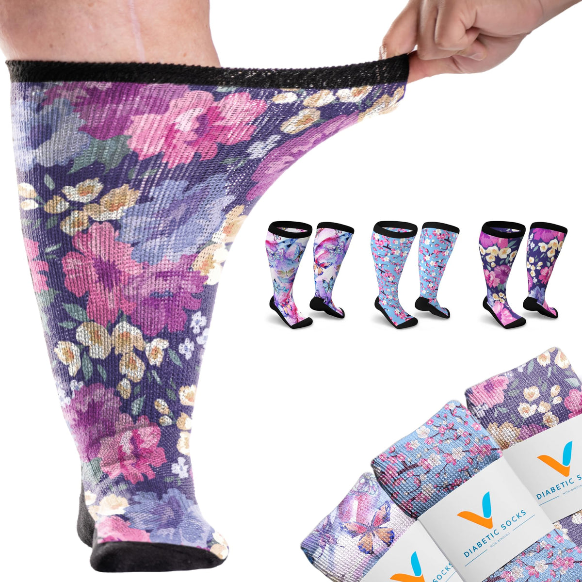 Viasox EasyStretch Flower Power packaging shows soft, comfortable diabetic socks ready to wear