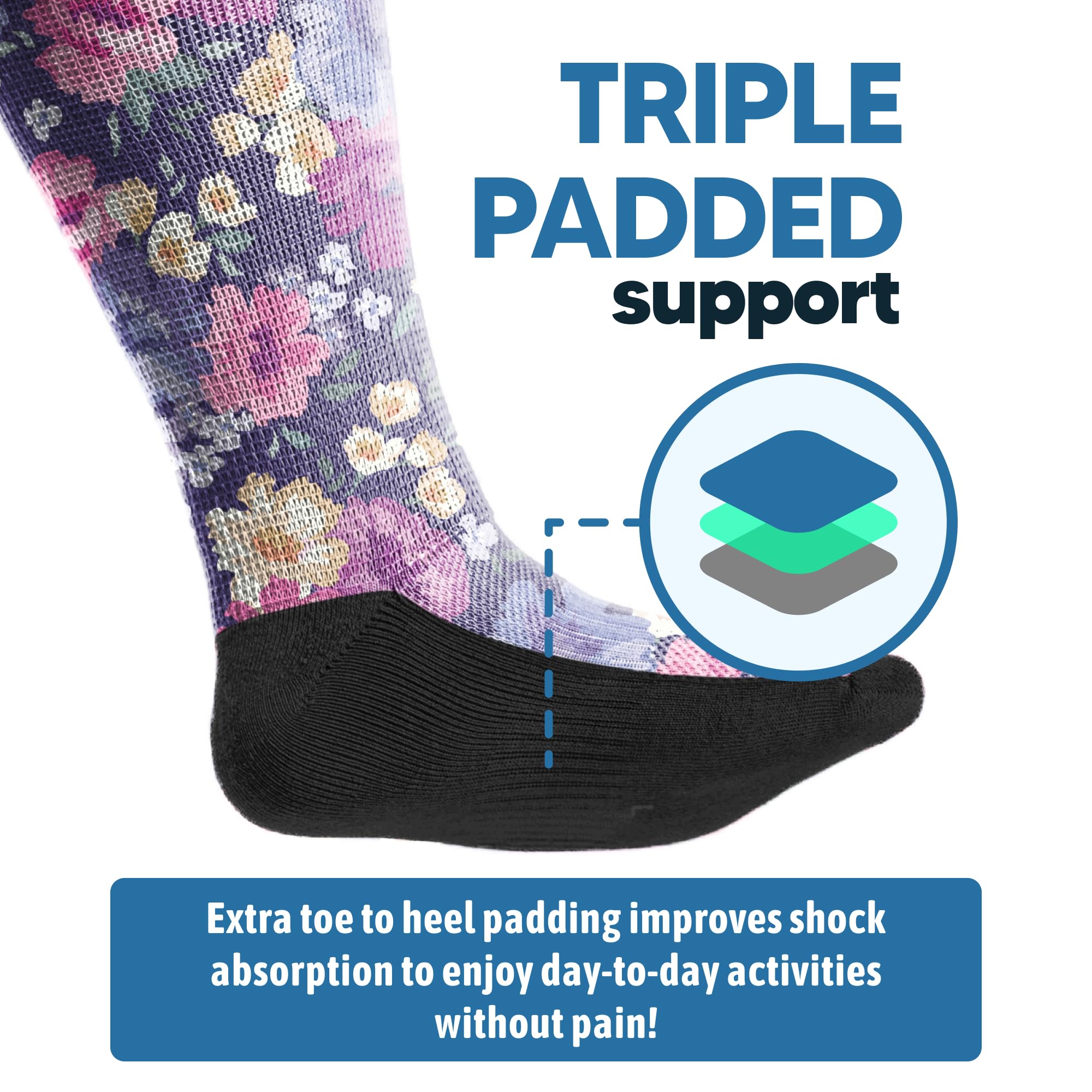 Viasox Paws & Petals seamless toe close-up for comfortable toe area.